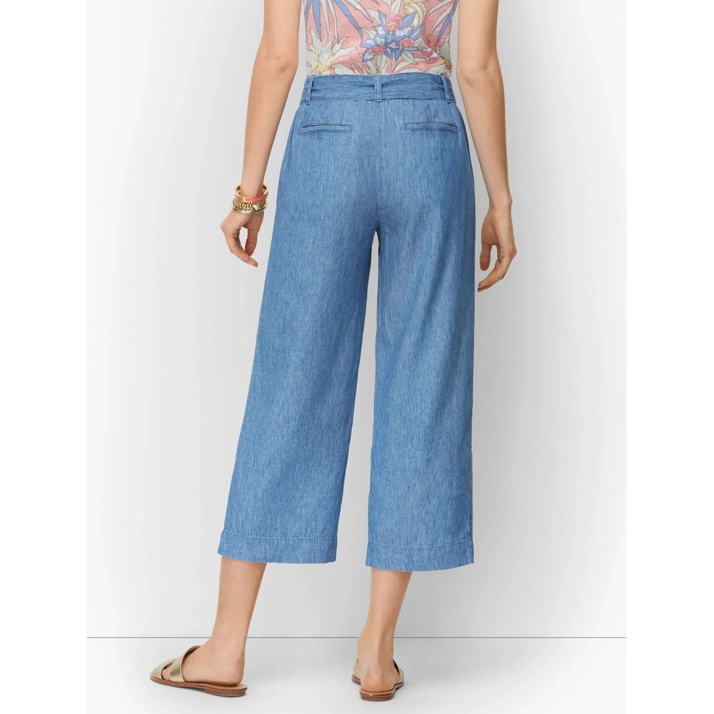 Talbots Linen Blend Chambray Tie-Waist Wide-Leg Cropped Pants Blue 2P 2 Petite - Picture 8 of 11